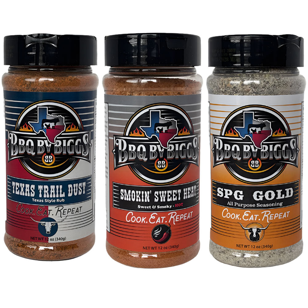 BBQ by Biggs 3-Pack Seasoning Bundle – SPG Gold, Texas Trail Dust & Smokin’ Sweet Heat