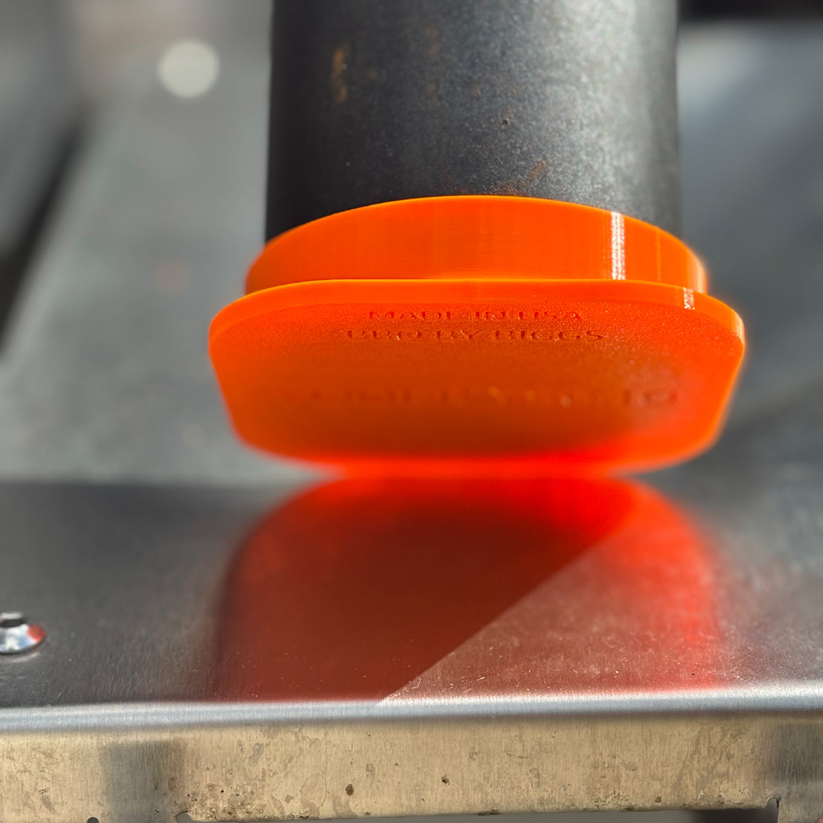 Orange Yoder ys640 smoke stack cap closeup of down position